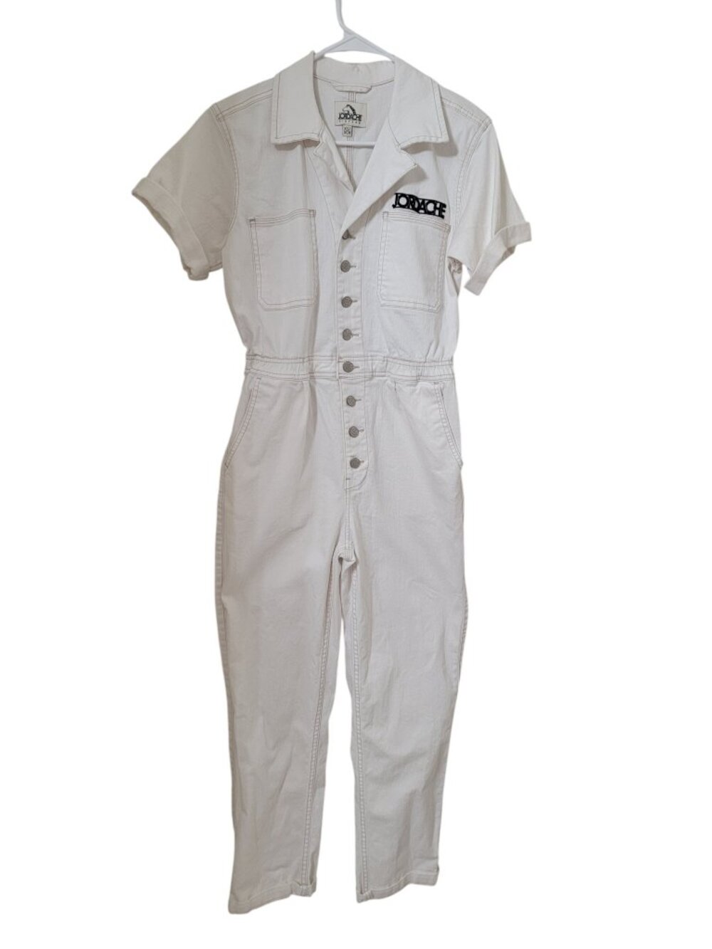 Jordache Vintage Size XS White Denim Short Sleeve Utility Coverall Jumpsuit